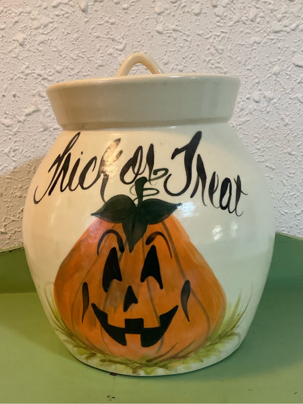 Vintage Folk Art Stoneware Trick Or Treat Cookie Candy Jar